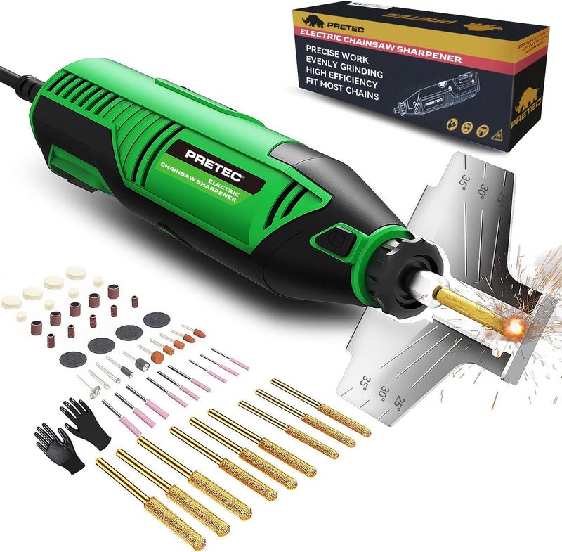 PRETEC Electric Chainsaw Sharpener Kit – Multi-Purpose Chain Saw Sharpener Tool with Diamond Sharpening Wheels, Angle Attachment and Wrench for All Chainsaw Chains (54-Piece Accessories) - Image 1